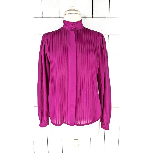 Vintage Chaus fuchsia  sheer billowy long sleeve button down blouse - Picture 2 of 5